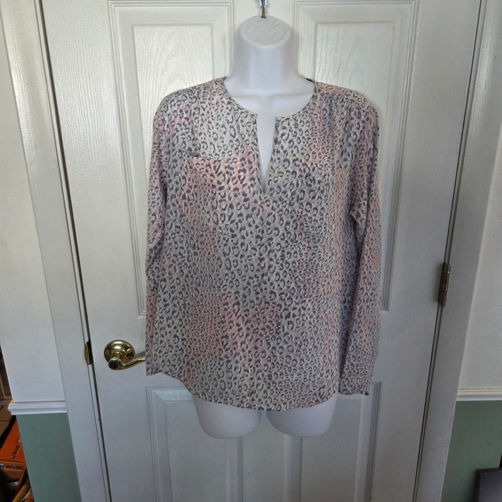 Rebecca Taylor 4 100% Silk Leopard Print Blouse Pink Grey Animal V Neck Mob Wife